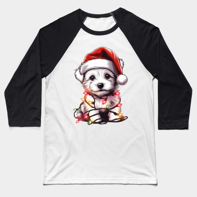 Adorable Dog Christmas Lights Santa Hat Baseball T-Shirt by Francois Ringuette